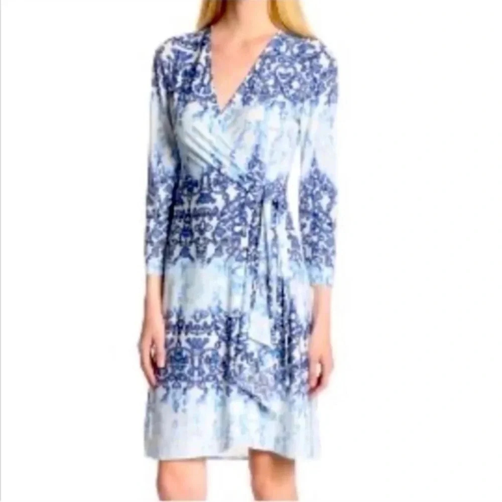 BCBGMAXAZRIA Y2K Adele Blue White Watercolor Paintbrush Wrap Dress Size Small S